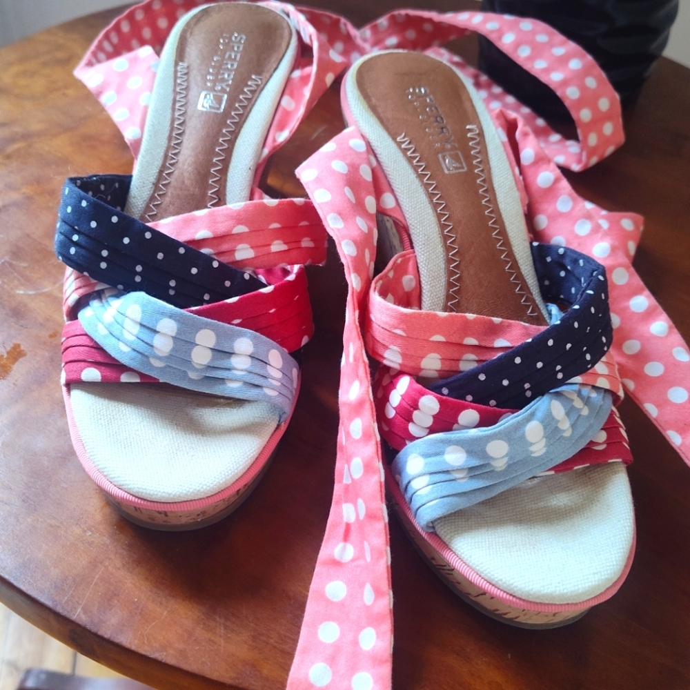 Sperry Top-Sider fabric tie-up open toe polka dot wedge